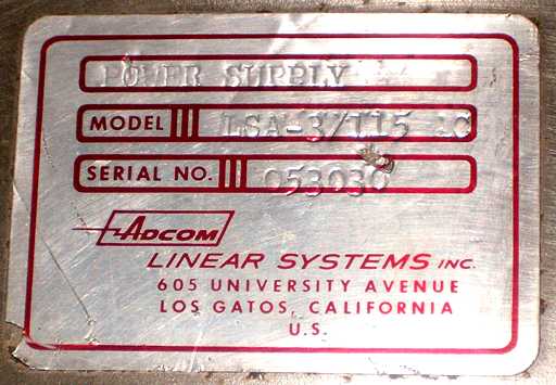 Adcom LSA-3/115VAC power supply label (46k)